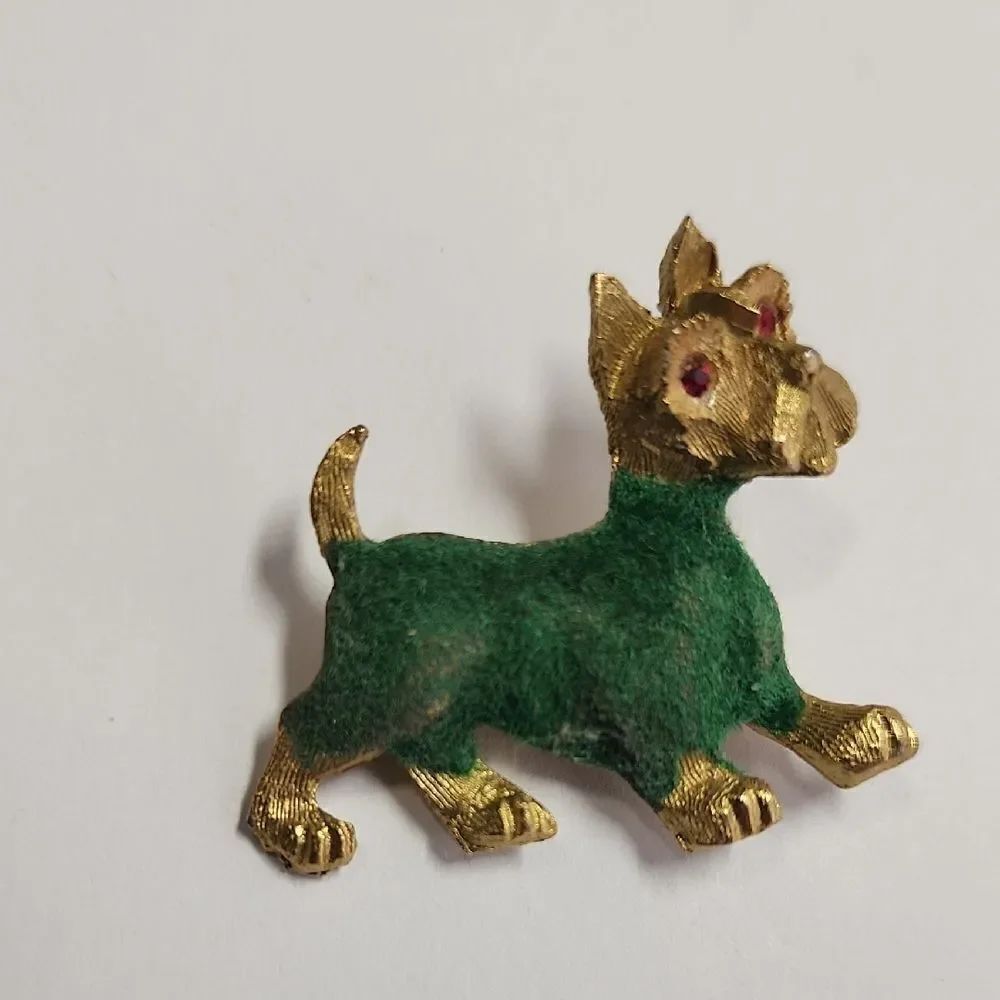 Vintage Whimsical Gold and Green Dog Brooch